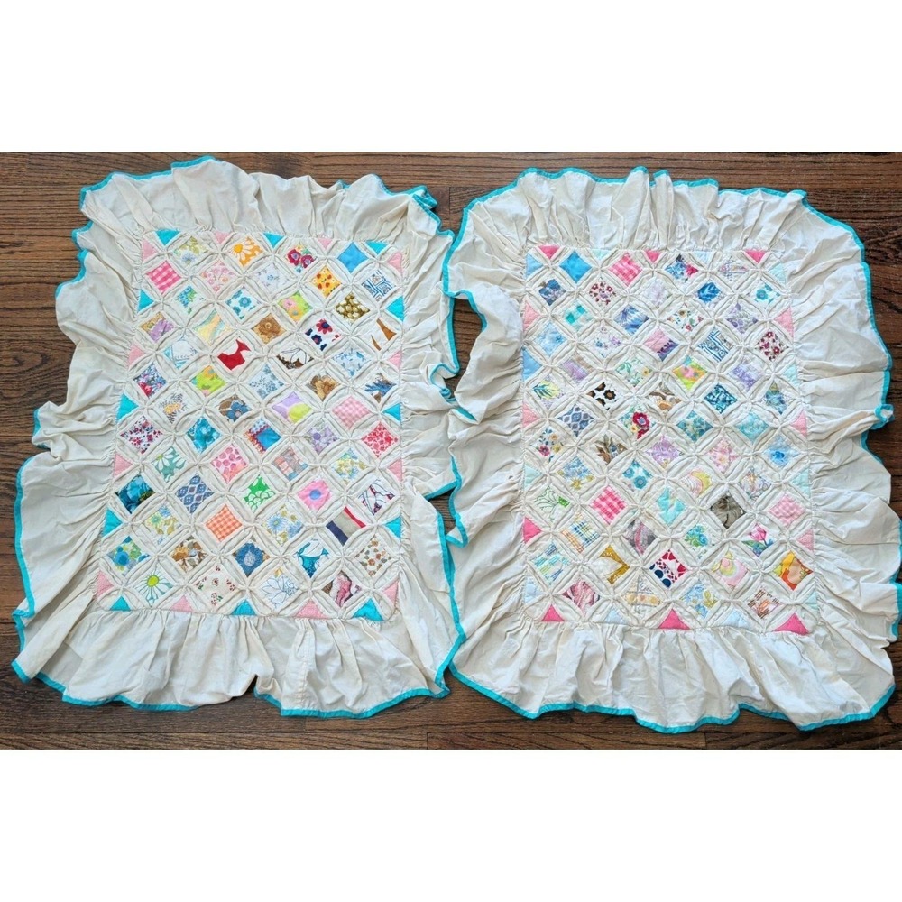Vntg Cathedral Window Standard Lay Over Shams (2) Ruffled Blue Trim Patchwork